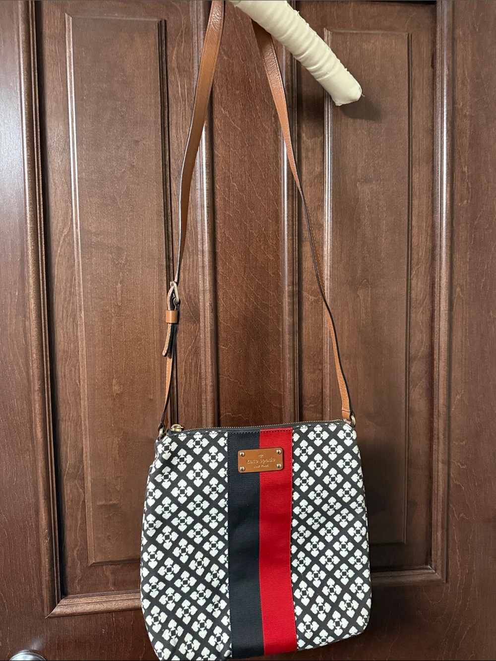 Kate Spade Designer-Style Black and White Crossbody with Red & Navy Stripe